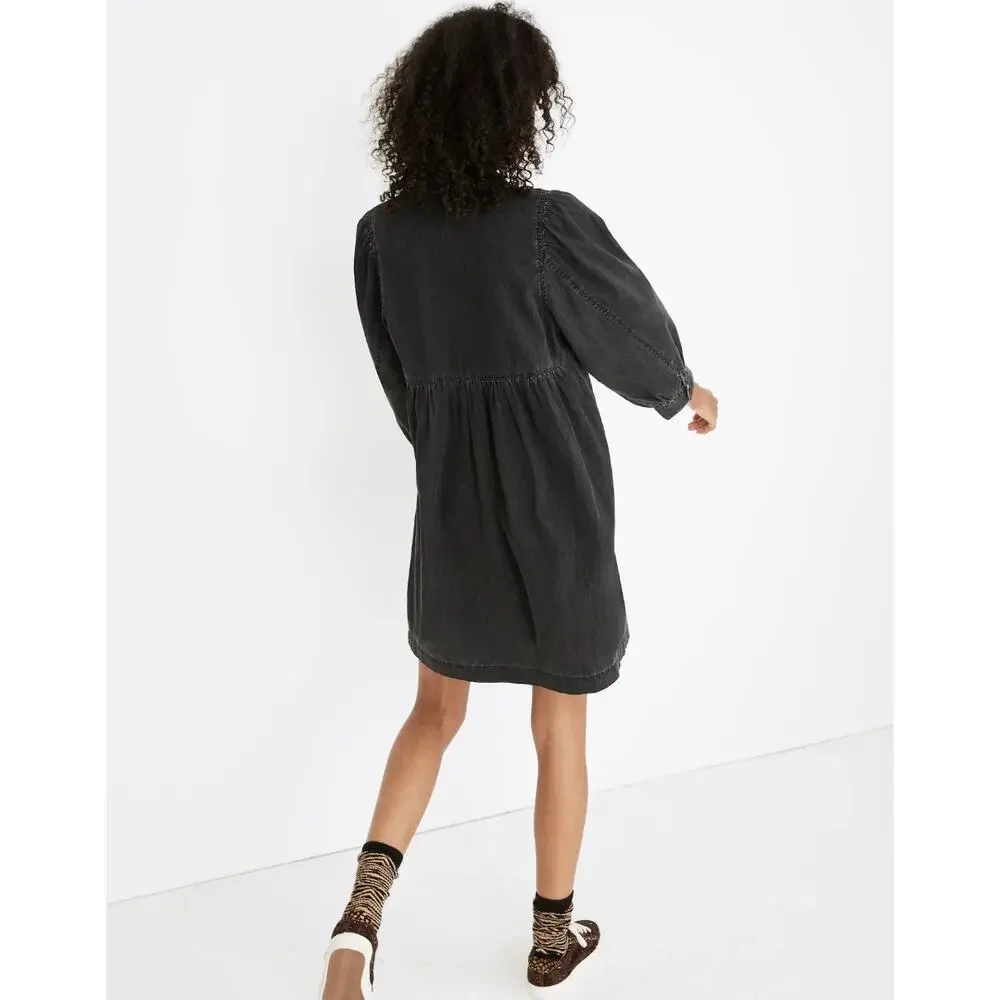 Madewell Denim Babydoll Shirt Dress Washed Black Jean Size XXS‎ Cottagecore Boho